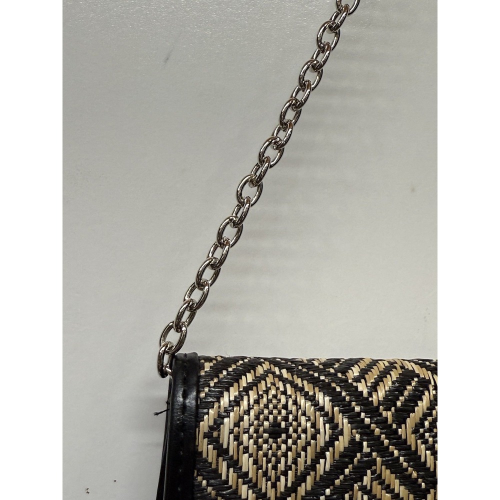 Poppie Jones Woven Rattan Black /Tan/ Purse Bag Clutch Silver Chain Snap Closure - Picture 4 of 12
